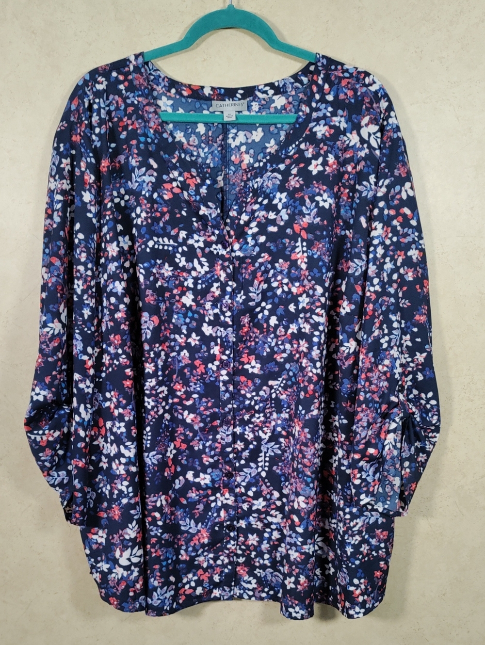 H146 Catherines Navy Floral Split-Neck Tunic Blouse 4X